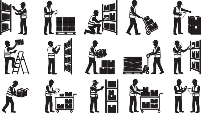 Warehouse and Logistics Worker Silhouette Set Featuring Inventory Handling Storage Management and Distribution Tasks