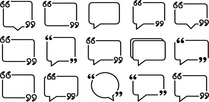 Quote Box and Speech Bubble Outline Icon Set with Commas and Citation Frames for Text Layouts, Testimonials, Remarks, and Digital Designs Vector