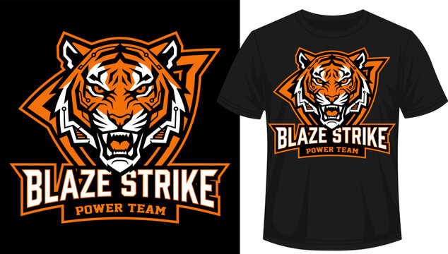 Angry tiger head vector emblem with text, aggressive feline face with sharp teeth and fierce eyes, roaring animal sports mascot