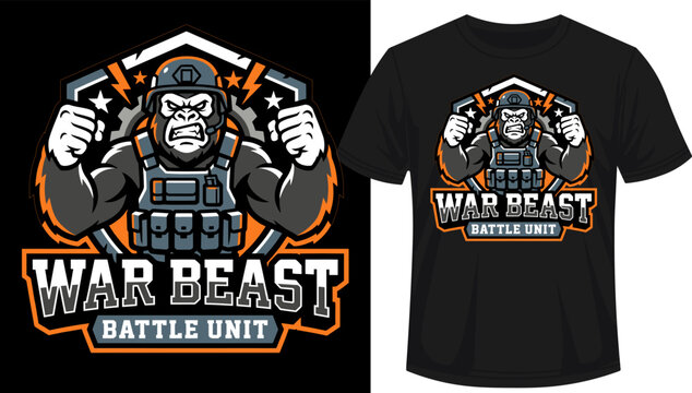 Fierce gorilla wearing tactical vest and helmet with fists raised in aggressive pose, emblazoned with war beast battle unit text