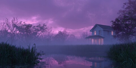 Fototapeta premium a house with glowing light inside, a purple sky, a foggy, swampy night, the reflection of water