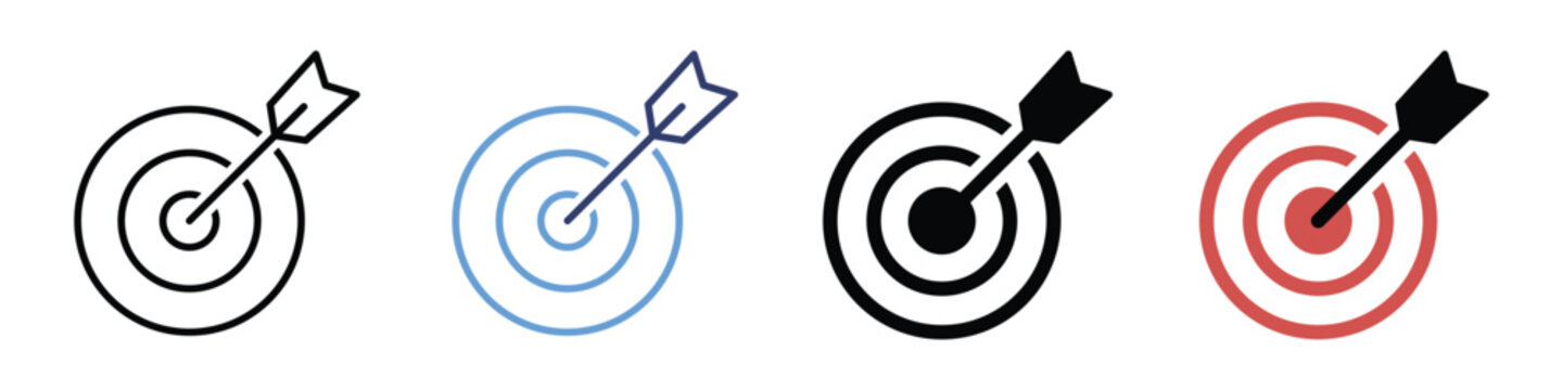 Target icon, containing target with arrow in center, goal symbol, accuracy, focus, vector illustration