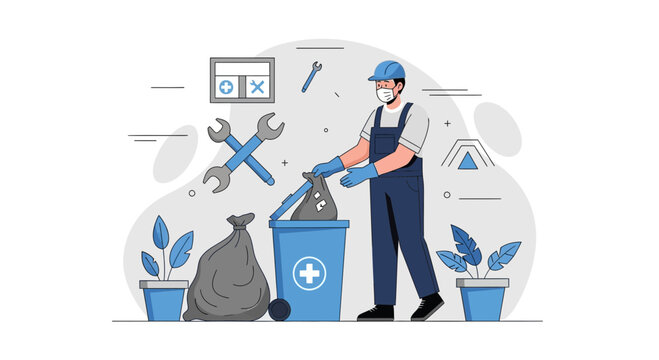 Healthcare worker sanitizing waste in a hospital setting with tools and plants