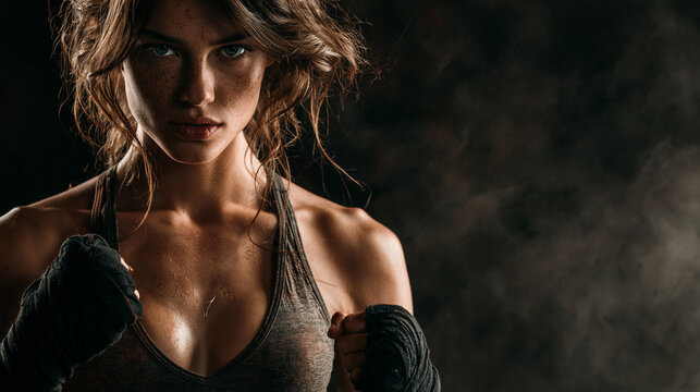 A beautiful fighter woman guard for fighting pose , black background , boxing woman photo.
