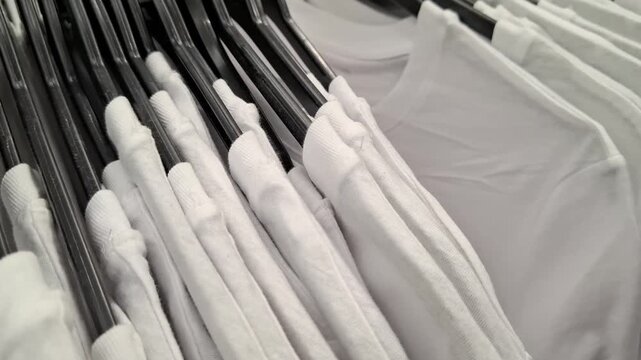Row of basic cotton shirts. Neat stack of white t-shirts on black hangers inside a laundry or clothing shop. Backdrop basic minimalist cotton wear, textile texture, and garment industry