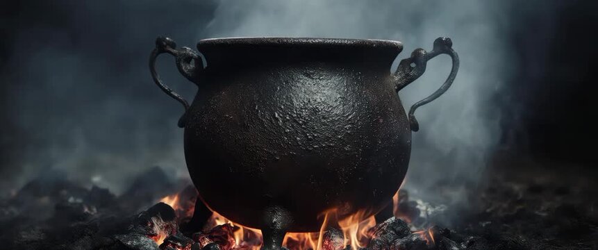 Rusty iron cauldron with crimson lens flare and glowing embers