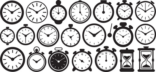 Fototapeta premium set of different clock icons on a white background Silhouette vector illustration