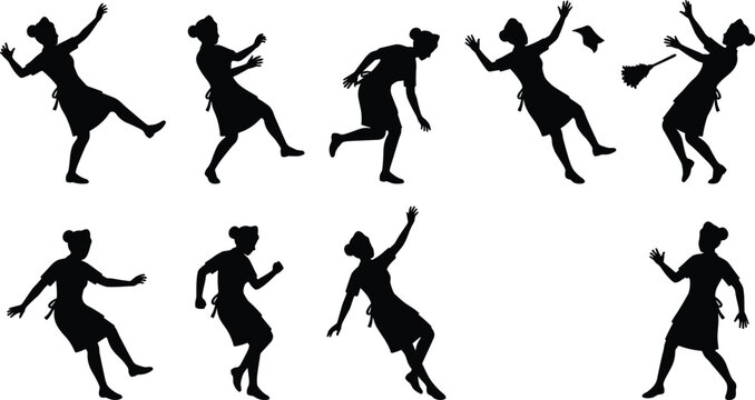 Silhouettes set of maids and cleaning workers slipping and falling, concept of domestic accidents, occupational hazards, and workplace safety