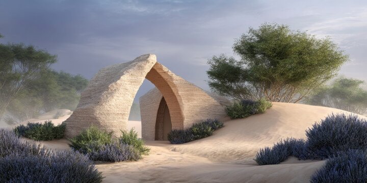  a small building made from mud brick in the shape of two arches, surrounded by sand dunes and vegetation