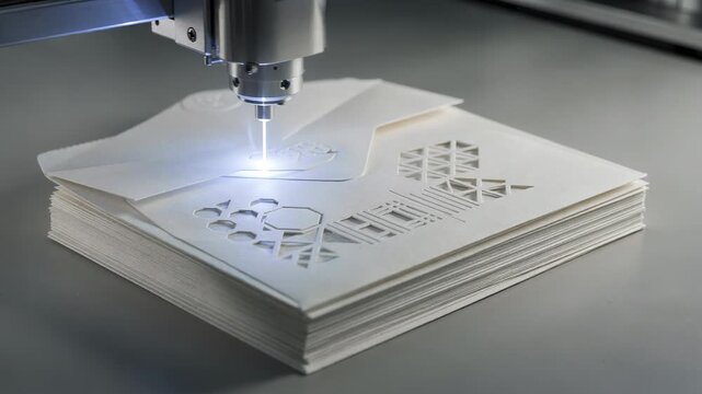 Focused medium shot of geometric cutouts being laser cut into envelope flaps emphasizing sharp lines and modern decorative accents