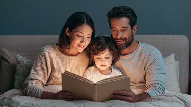 Warm and cozy scene of parents reading a glowing book to their young child in bed at night a gentle bond of family togetherness and bedtime story ritual