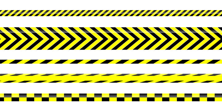 Set of yellow, black warning restriction or forbidden area tape, no entry, area under contruction, traffic accident, crime. Vector flat