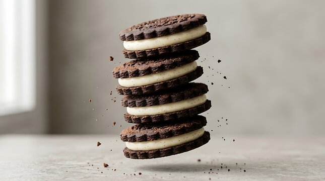 A stack of four chocolate sandwich cookies floating in midair