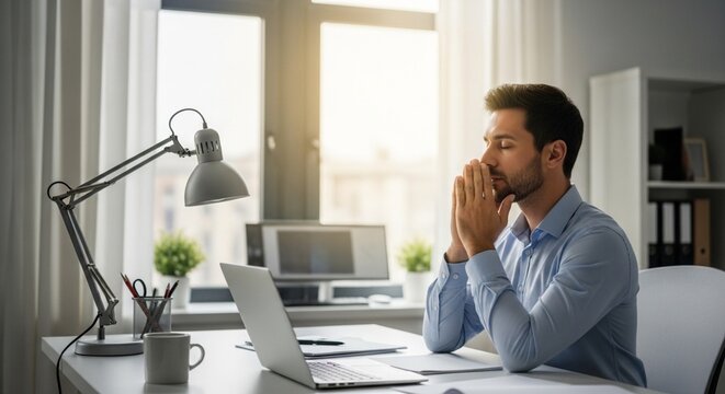Stressed businessman sitting at office desk with eyes closed taking a deep breath to relieve work pressure and practice mindfulness
