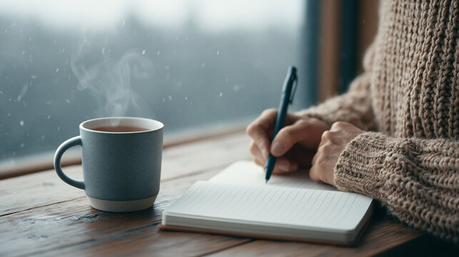 Cozy scene of a person writing in a notebook with a steaming cup of tea beside a window on a rainy day, wearing a knitted sweater