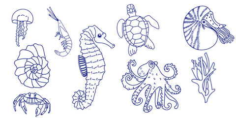 Set with hand drawn sea and ocean life elements. Vector doodle line art marine life objects for your design. Jellyfish, octopus, crab, sea horse, turtle, shell, coral. Vector illustration © Cibula