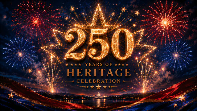 Celebration anniversary milestone with golden number two hundred fifty and fireworks in dark night sky