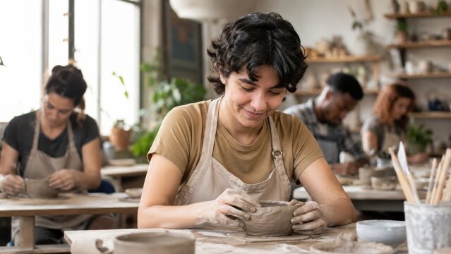 Young adult shaping clay in supportive art therapy workshop