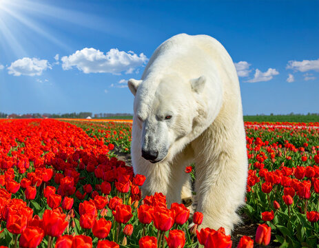 A large polar bear wanders through a vibrant field of blooming red tulips under a bright blue spring sky.