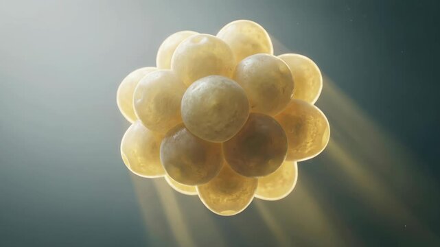 3D medical animation of a blastocyst embryo cell cluster dividing and developing under microscopic light, scientific visualization of human fertilization.