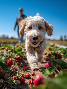 Cute golden doodle puppy running through a sunny strawberry field patch.