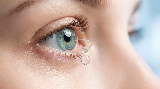 Woman inserting contact lens with water drop close up of eye
