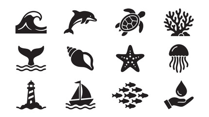 Collection of black vector icons representing marine life and ocean elements including a wave dolphin turtle coral whale tail seashell starfish jellyfish lighthouse sailboat fish school and a hand © Muhammad