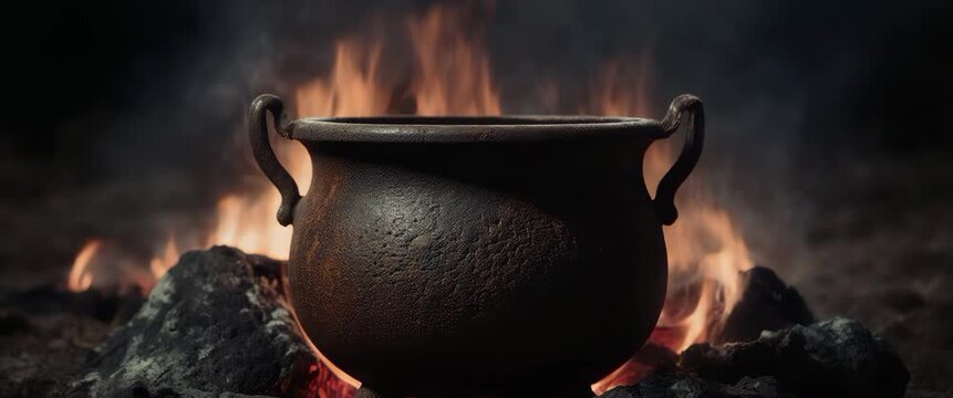 Rusty iron cauldron with crimson lens flare and glowing embers