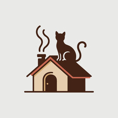 Minimalist vector illustration of a cat sitting on a house roof © MdBillal
