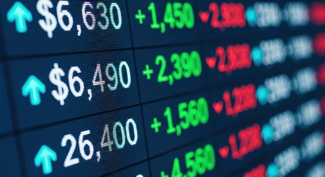 Financial Stock Market Data Display with Rising and Falling Prices on Digital Screen Background for Investment Concept