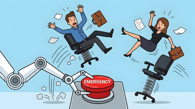 Business people falling with emergency button and robotic arm concept of workplace crisis and automation risk