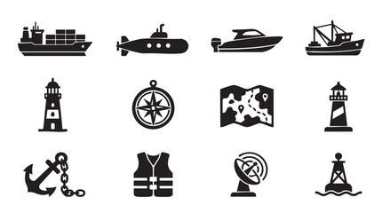 Nautical icons set including ships lighthouses navigation tools and safety equipment on white background © Muhammad