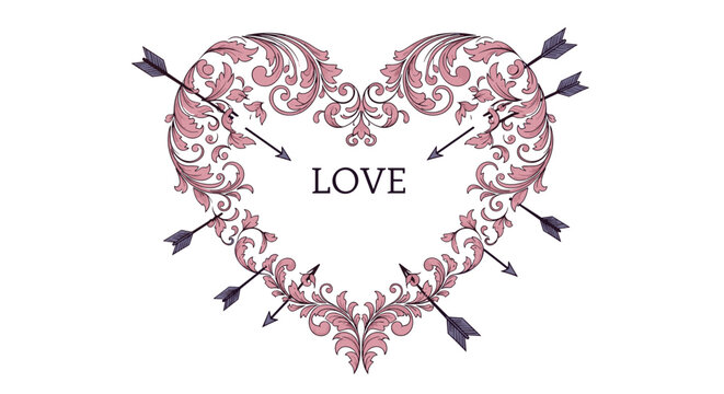 Elegant vintage heart design made of pink floral scrolls and pierced by multiple arrows with the word love in the center.