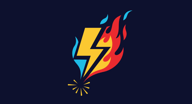 Bold lightning bolt logo design surrounded by blue and red flames on a solid dark blue background for power branding.