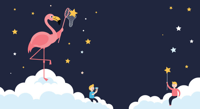 Magical night sky scene with a pink flamingo and children on clouds catching falling stars with a net and star wand.