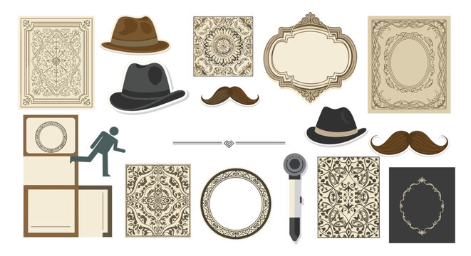 Diverse collection of vintage style stickers including hats, mustaches, ornate frames, and decorative patterns.