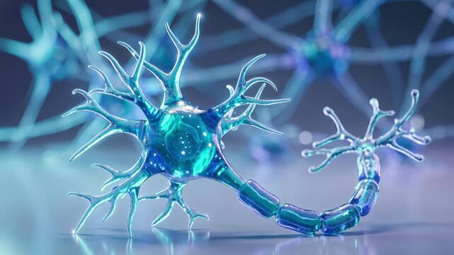 3D medical animation of a glass-like neuron cell structure glowing on a clean glossy surface, representing brain activity, nervous system networks, and neurology science