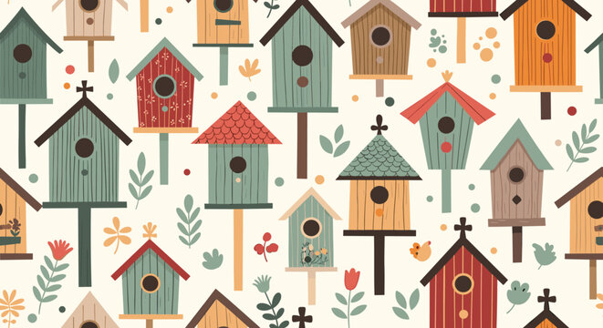 Charming seamless pattern of various colorful wooden birdhouses with leaves and flowers on a light background.