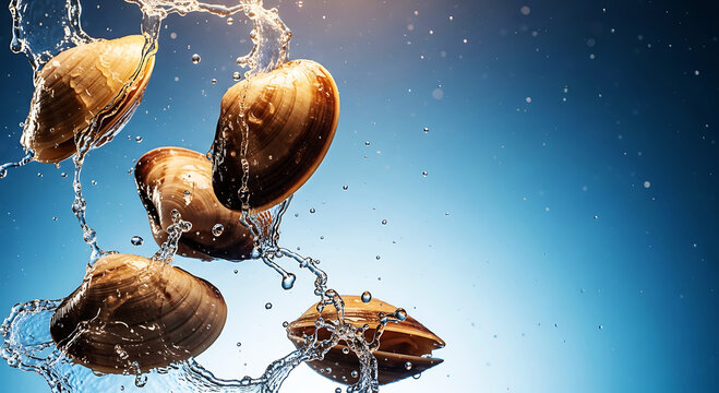 Clams shells are splashing in the water with a blue background