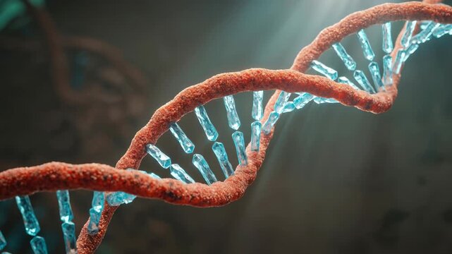 3D animation of a DNA double helix strand rotating under a bright light ray, showing biological gene replication, genetics engineering, and medical science research concepts