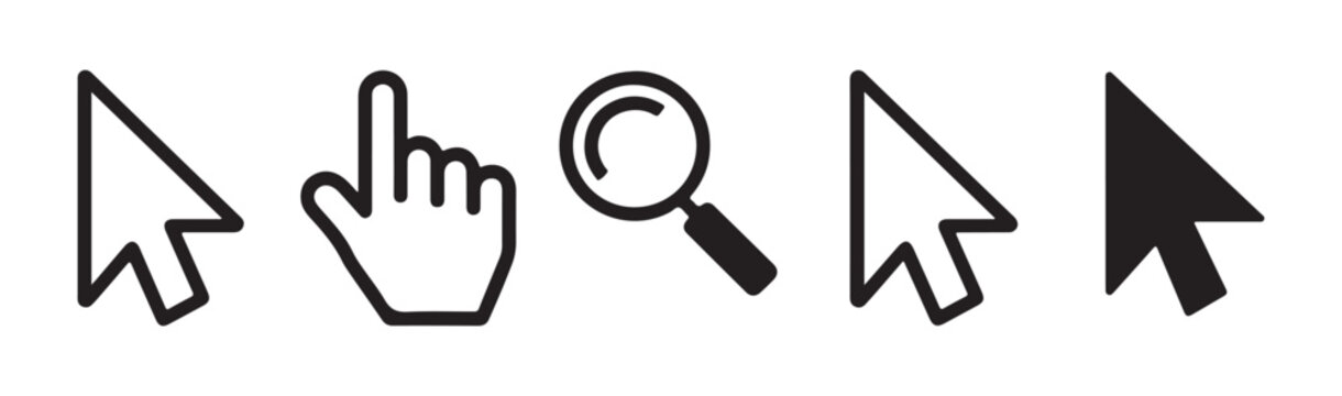 Collection of cursors and mouse pointers on transparent background for digital interface design.