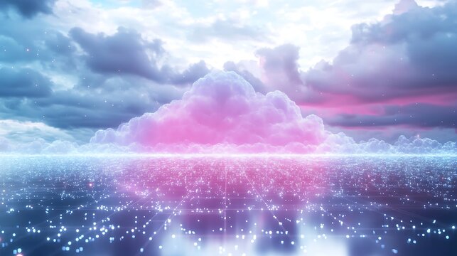 Abstract digital landscape with pink cloud formation and grid network