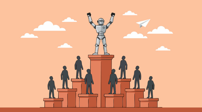 Artificial intelligence robot on pedestal, symbolizing AI triumph