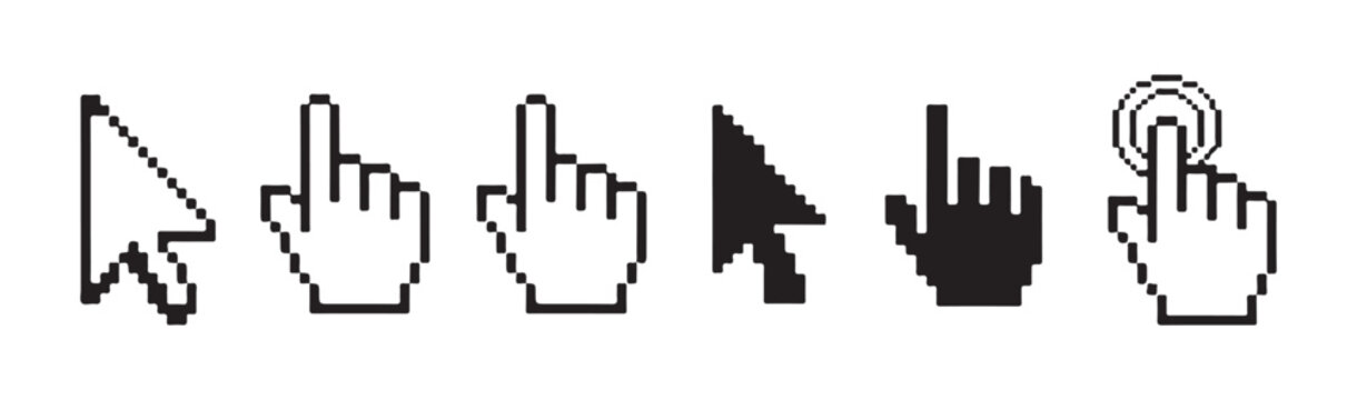 Pixelated cursors and hand pointers for retro computing and digital interface design elements.