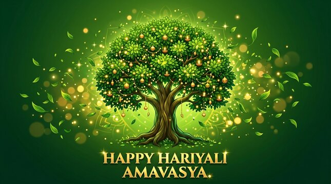 Lush Green Tree with Hanging Diyas and Falling Leaves for Hariyali Amavasya nature