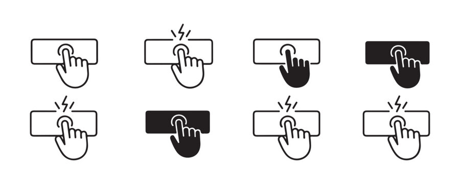 Set of push button icons with pressing hand in flat and outline design styles.