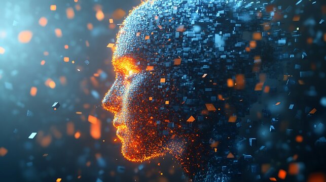 Digital human face with glowing orange eyes and pixelated structure