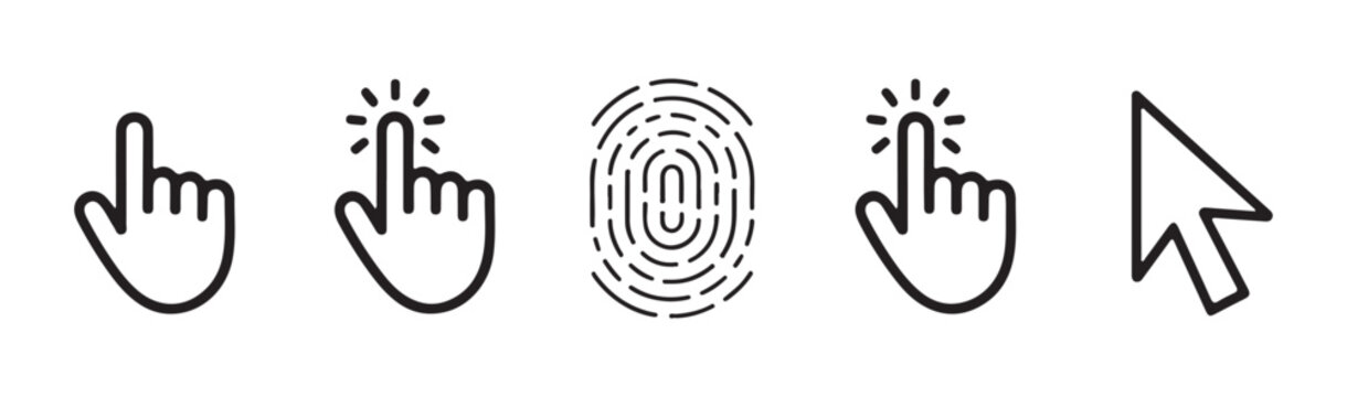Collection of hand pointers, clicking icons, and biometric fingerprint symbol.