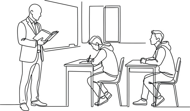 Classroom teaching vector illustration in continuous line art showing instructor with book guiding students at desks