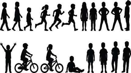 Obraz premium Large set of children silhouettes featuring boys and girls running walking riding bicycles and standing in diverse active poses isolated on white background